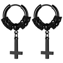 JewelryWe Petruskreuz Ohrringe für Herren Damen: Schwarz Edelstahl Wikinger Satanische Ohrringe Huggie Creolen mit Baumelnde Umgekehrt Upside Down Kreuz Gothic Vintage Ohrhänger Religiöses Schmuck von JewelryWe