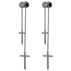 JewelryWe Schmuck Ohrringe Herren Damen Edelstahl Ohrstecker mit doppelt Kreuz Kette Anhänger Fakeplugs Fake Plug Tunnel Ohrringe Ohrhänger Piercing Schwarz von JewelryWe