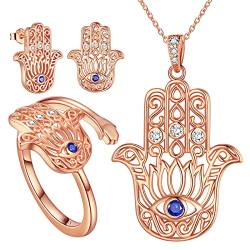 Böser blick Hamsa Hand Halskette Fatima Hand Ohrstecker blaues Auge Hamsa Hand Verstellbarer Ring 925 Silber Rose Vergoldet Vintage Fatima Hamsa Hand viel Glück Schutz Schmuckset Geschenk FS0191R von Jewmon