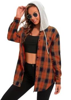 Jhsnjnr Damen Flanellhemd mit Kapuze Langarm Oversize Hoodie Knopfleiste Karobluse Lässige Kariertes Hemd von Jhsnjnr