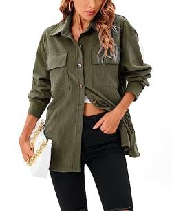 Jhsnjnr Damen Shacket Casual Oversized Langarm Shirt Button Down Cord Jacken mit Taschen, armee-grün, 36 von Jhsnjnr