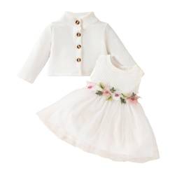 JiAmy Baby Mädchen Kleid Kleinkind Ärmellose Blumen Tüll Tutu Kleider und Langarm Waffel Strickjacke Mantel 2Pcs Outfits Set für Mädchen 9-12 Monate Weiß von JiAmy