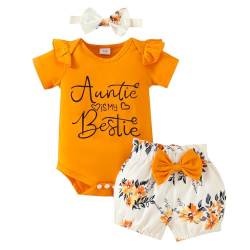 JiAmy Baby Mädchen Kleidung Set, Kinder Rüschen Kurzarm Spitze Strampler Auntie is My Bestie Bodysuit Kurze Hosen mit Stirnband 3tlg Outfits für 12-18 Monate, Orange von JiAmy