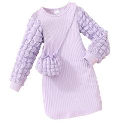 JiAmy Mädchen Kleider Puff Langarm A-Line Elegant Kleid Herbst Winter Kleidanzug mit Tasche Festliches Freizeit Kleider für Kinder 5 Jahre Violett von JiAmy