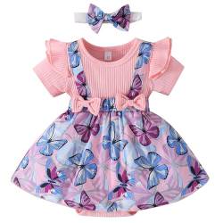 JiAmy Neugeborenes Baby Mädchen Kleidung 2tlg Rüschen Kurzarm Strampler Kleid Hosenträger + Stirnband Outfits für 0-3 Monate, Rosa von JiAmy