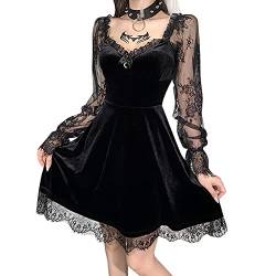 Frauen Gotische Kleid Lace Mini Minikleid Lange Ärmel Kleid Grunge Velvet Harajuku Vintage Punk Kleidung Sommer Goth Kleid, Damen Kleid Sommer Gothic Kleid T Shirt Kleid (Black, L) von JiJiRuDU