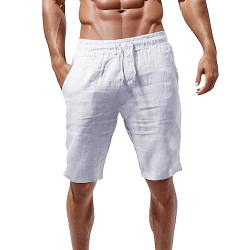 Jiabing Kurze Leinen Hosen Herren Beach Shorts Casual Leichte Sommershorts Leinenhosen Atmungsaktiv einfarbige Strandhose Kurz Sport Short Elastische Taille mit Kordelzug Taschen von Jiabing