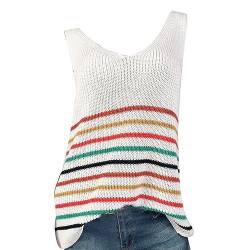 Jiabing Pullunder Damen Ärmellos Strickweste Strickpullunder Gestricktes Lockeres Bunt Gestreiftes Tanktop mit U-Ausschnitt Top Ausschnitt Rundhalsausschnitt Ethno-Muster Relaxed Sweater von Jiabing