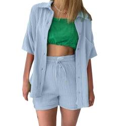 Jiabing Zweiteiler Damen Sommer Musselin Bluse Hemd und Shorts Clothes Aesthetic Zweiteiler Lounge Set Strand Outfit Set Suit Two Piece Set Women Große Größe von Jiabing