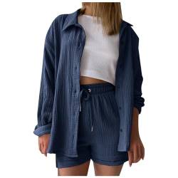 Jiabing Zweiteiler Damen Sommer Musselin Bluse Hemd und Shorts Clothes Aesthetic Zweiteiler Lounge Set Strand Outfit Set Suit Two Piece Set Women Große Größe von Jiabing