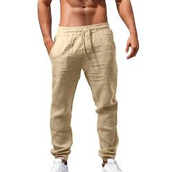 Leinenhosen Herren Lang Strandhose Einfarbig Leicht Sommerhose Loose Fit Bequeme Leinen Hose Casual Freizeithose für Urlaub Strand Alltag Palazzo Hose mit Kordelzug Taschen von Jiabing