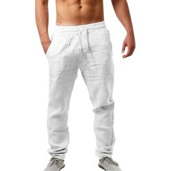 Leinenhosen Herren Lang Strandhose Einfarbig Leicht Sommerhose Loose Fit Bequeme Leinen Hose Casual Freizeithose für Urlaub Strand Alltag Palazzo Hose mit Kordelzug Taschen von Jiabing