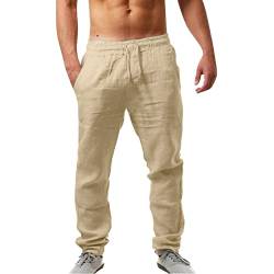 Leinenhosen Herren Lang Strandhose Einfarbig Leicht Sommerhose Loose Fit Bequeme Leinen Hose Casual Freizeithose für Urlaub Strand Alltag Palazzo Hose mit Kordelzug Taschen von Jiabing