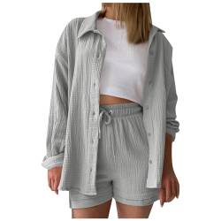 Musselin Bluse Damen Hemd und Shorts Zweiteiler Einfrabige Sommer Lounge Set Strand Outfit Suit Elegant Aesthetic 2 Teiler Clothes Kleidung Kurz Hosenanzug Casual 2 Piece Sommerbluse 2024 von Jiabing