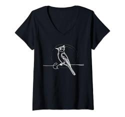 Damen Line Art Vogel- und Ornithologist Fliegenfänger mit Haube T-Shirt mit V-Ausschnitt von Jimbeels