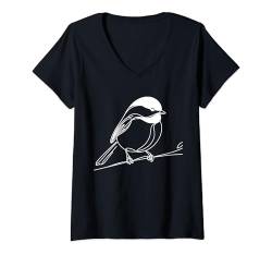 Damen Line Art Vogel- und Vogelbeobachter Mountain Chickadee T-Shirt mit V-Ausschnitt von Jimbeels