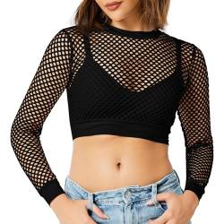 Mesh Oberteil Damen, Damen Mesh Top Sexy Bluse, Netz Crop Freizeit Oberteil Rundhalsausschnitt Shirt Oktoberfest Netzoberteil (Schwarz, 2XL) von Jinbeel