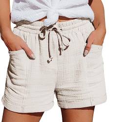 Gutschein Shorts Damen Sommer Leinen Musselin Kurze Hose Beach Short Mit Taschen Mode Lässige Stoffhose Bequeme Jogginghose Damen Elastische Taille Stretch Gerades Bein mit Kordelzug Leinenhose Sale von Jingmcdy