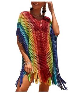 Jinsha Damen-Bikini Cover-Up Pareos-Strandkleider Poncho-Gestrickte - Sommer Beach Swimwear Badeanzug Kurze Dress Sexy Mode Boho Elegant Festival Outfit Bikini & Strandkleider Regenbogen für Damen von Jinsha