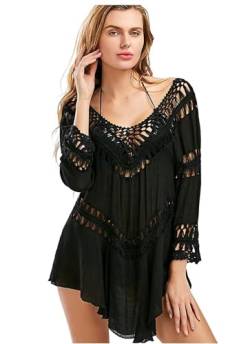 Jinsha Strandkleider Poncho Damen Sommer Pareos Bikini Beach Dress Cover Up Tunika Festival Outfit Sexy Mode Kurze Lang Gestrickte Swimwear Badeanzug Boho Elegant strandkleiderung für Damen(Schwarz von Jinsha