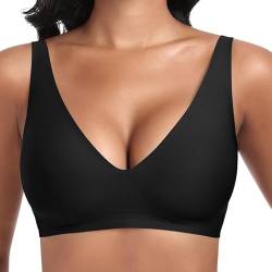 Jiuday Tiefer V Push Up BH ohne Bügel for Damen Bequemer BH für Große Brüste Starker Halt Seamless Soft Bügelloser Gepolstert Nahtloser Glatter BH (Schwarz,2XL) von Jiuday