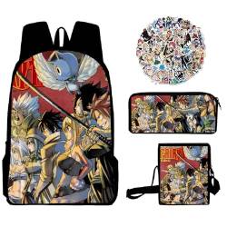 Jiumaocleu Fairy Tail 3-teiliges Schultaschen-Set mit Schultertasche, Federmäppchen und 50 Aufklebern, Anime-Schulranzen-Rucksack, Lunchtasche, Federmäppchen und 50-teiliges Gepäckaufkleber-Set, von Jiumaocleu