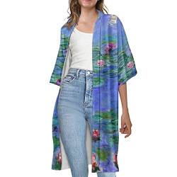 Jndtueit Damen Kurzarm Casual Open Front Cardigans Mode Chiffon Kimono Outwear Mantel, Claude Monet Seerosen, M von Jndtueit