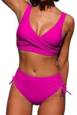 Joligiao Bikini Damen High Waist Badeanzüge Crossover Bustier Lace Up Bikini Set Bademode Blumenmuster Zweiteiliger Badeanzug Bademode Swimsuit (Rosa,S) von Joligiao