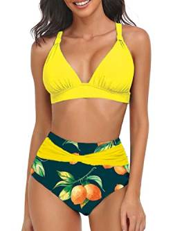 Joligiao Damen Bikini Set High Waist Bikini Bademode V Ausschnitt Swimsuit Bikinihose Strandkleidung Blumenmuster Zweiteiliger Badeanzug,Gelb,M von Joligiao