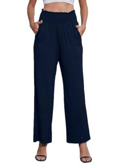 Joligiao Damen Hose Mit Weitem Bein Stretchige Lounge-Hose mit Hohe Taille und Taschen Cargohosen mit geradem Bein Freizeithosen Yogahosen Lange Freizeithosen Marineblau L von Joligiao