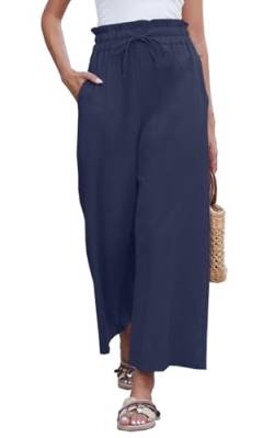 Joligiao Damen Sommerhose Hohe Taille Freizeit Hose Länge Palazzo Hose Einfarbig Lose Palazzo Hose Dehnbar Elegant Lounge Hose Weite Hosen mit Kordelzug und Taschen Leinen Hosen (Marineblau,L) von Joligiao