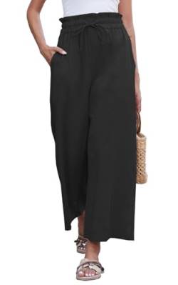 Joligiao Damen Sommerhose Hohe Taille Freizeit Hose Länge Palazzo Hose Einfarbig Lose Palazzo Hose Dehnbar Elegant Lounge Hose Weite Hosen mit Kordelzug und Taschen Leinen Hosen (Schwarz,S) von Joligiao