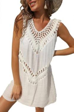 Joligiao Damen Strandkleid Gestrickt Gehäkelt Bikini Cover Up V-Ausschnitt Sommer Strandurlaub Badeanzug Sexy V Ausschnitt Tunika Minikleid Strand Kurzes Kleid Sommerkleid Weiß Einheitsgröße von Joligiao