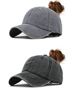 Joligiao Vintage Damen Baseball Kappe Pferdeschwanz Cap Washed Retro Ponytail Baseballmütze Mit Zöpfen Einstellbare Loch Loop Outdoor Sports Unisex 1/2 Stück (Grau+Schwarz,One Size) von Joligiao