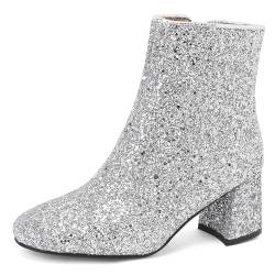 Joliss Damen Mode Glitzer Stiefeletten Runde Zehen Stiefeletten Blockabsatz Zip Stiefeletten Abend Anzugstiefel Silber Gr 42 EU/44Cn von Joliss