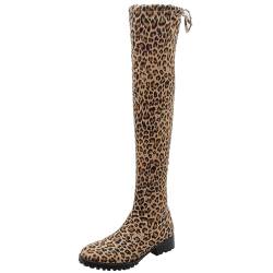 Joliss Damen Mode Stretch Stiefel Mitte Absatz Overknee Stiefel Leopard Winter Zip Stiefel Über Dem Knie Runde Zehen Kniehohe Stiefel Leopard/Rl Gr 37 EU/38Cn von Joliss