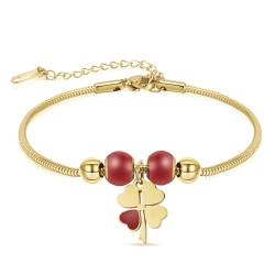 Joo&Rind Kleeblatt Armband Damen Gold, 18K Vergoldet Charm Armband, Kleeblatt Glücksbringer Armbänder Damen, Elefantenanhänger Kleine Geschenke für Frauen von Joo&Rind