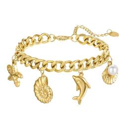 Joo&Rind Muschel Armband Damen Charm Armband Gold, 18k Vergoldet Gliederarmband Edelstahl Armband Damen Gold, Kleines Geschenke für Frauen (Sea Cuban Chain) von Joo&Rind