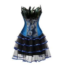 Josamogre Korsett Kleider Damen Corset Dress Corsage Vollbrust Korsage Korsagenkleid Rock Pfau Feder Bustier Sexy Gothic Burlesque Halloween Blau M von Josamogre