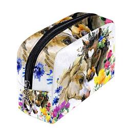 Make-up-Tasche mit niedlichem Pferd in Blumen, Reise-Kosmetiktasche, Kulturbeutel, Kulturbeutel, Kulturbeutel, tragbar, Reise-Make-up-Tasche, Aufbewahrungs-Organizer für Frauen und Mädchen von Josidd