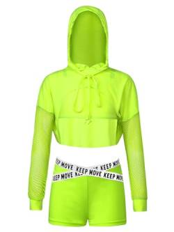 Jowowha Kinder Hip Hop Kleidung Mädchen Sweatshirt Crop Tops + Sport BH Bustier + Shorts Sport Hip Hop Jazz Tanzkleidung Streetwear Fluorescent Grün 158-164 von Jowowha