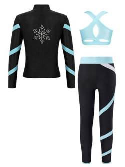 Jowowha Mädchen Eiskunstlauf Anzug Glitzer Strass Langarm Sweatjacke + Hose Sport Leggings Eislaufen Tanzkleidung Yoga Gymnastik Trainingsanzug Hellblau 122-128 von Jowowha