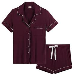 Joyaria Damen Pyjama Kurz Baumwolle Schlafanzug mit Knopfleiste/Knöpfe Geknöpft Kurzarm Nachtwäsche Hausanzug(Weinrot, Größe XL) von Joyaria