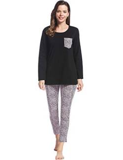 Joyaria Schlafanzug Damen Lang, Baumwolle Pyjama Zweiteiliger Leicht Langem Nachtwäsche Sets für Frauen mit Print Pyjama Leggings（Schwarz,Größe M von Joyaria