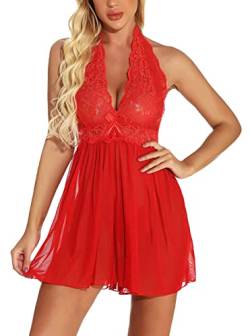 JozAdy Spitze Nachthemd für Frauen Babydoll Dessous Set Sexy V Ausschnitt Halfter Nachtwäsche Negligees mit G-String von JozAdy