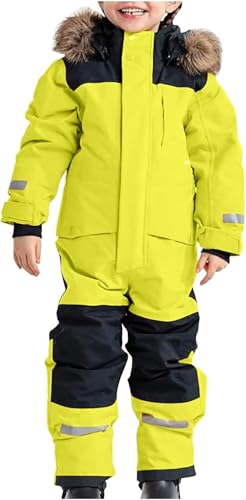 Juankrynord Schneeanzug für Jungen und Mädchen wasserdicht gepolstert verdickt warm Skianzug Overall wasserdicht Winddicht Overall Jacke Kleinkinder Winter-Schneeanzug (Gelb,150) von Juankrynord