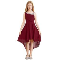 Jugaoge Mädchen Unregelmäßiges Kleid Ärmellos Elegant Partykleid Pailletten Chiffon Blumenmädchenkleid Vorne Kurz Hinten Lang Hochzeitskleider Burgundy 158-164 von Jugaoge