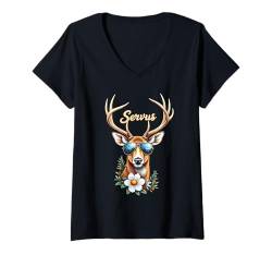 Damen Servus Trachtenshirt Trachten Tracht Hirsch Tirol Natur T-Shirt mit V-Ausschnitt von Jungen Trachtenshirts und Männer Lederhosen