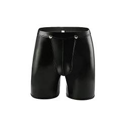 Herren Leder Boxershorts,Wetlook Sexy Unterwäsche Trunks , Reizwäsche für Männer, Clubwear Gay Hipster Jockstraps Slips Tanga mit offenem Schritt Ouvert Shorts Long PU Low Rise Pants (schwarz,2XL) von Jungerhouse