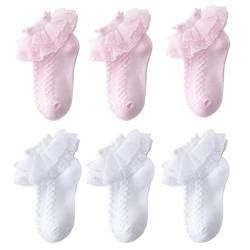 Baby Mädchen Rüschen Socken Weiße Rosa Baumwoll Ballett Socken Spitzen Prinzessin Socken Schule Socken Kleidung Accessoires für Kleinkind Kinder 4-7 Jahre 6 Paare von Jupsk